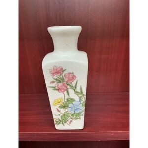 Vintage Crackle Glaze Ceramic Vase Floral Pattern Square Neck
